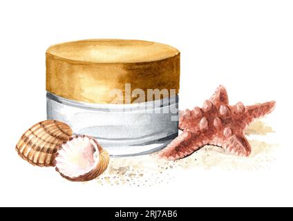 Natürliche Bio-Bio-Feuchtigkeitscreme mit Meeresmineralien. Handgezeichnete Aquarellillustration isoliert auf weißem Hintergrund Stockfoto
