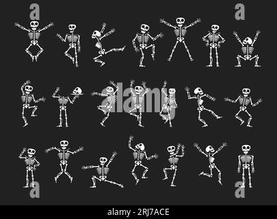 Skeletons dancing with different positions flat style design vector illustration set. Funny dancing Halloween or Day of the dead skeletons collection. Stock Vektor