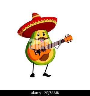 Comic mexikanischer Mariachi-Musiker Avocado-Figur in Sombrero-Hut, der Gitarre spielt. Isolierte Vektor-amüsante tropische Fruchtpersönlichkeit führen musikalische Konzerte während der Feiertagsfeier des Cinco de Mayo auf Stock Vektor