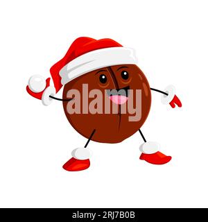 Cartoon Weihnachten Macadamia Nuss Figur spielt Schneebälle mit Freunden. Isolierte Vektor schelmische Persönlichkeit mit Weihnachtsmannhut, die Lachen und Feiertagsjubel während der Weihnachtsferien erzeugt Stock Vektor