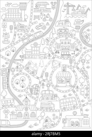 Schwarz-weiß-Transportkarte der Stadt. Line Background mit Bahn, Straßen, Verkehrsschildern für Kinder. Vektor-Infografik-Elemente mit Zug, Autos, Straßenbahn, T Stock Vektor