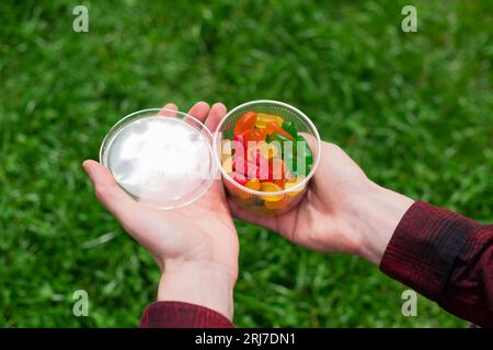 Nahaufnahme von oben Hand des Mannes in rotem Hemd hält bunte Süßigkeiten in Plastikbox vor dem Hintergrund des grünen Grases Stockfoto