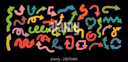 Set aus bunten, verspielten Pfeilen im trendigen Stil mit Vektorstruktur. Dynamische Pfeilzeichen für die Konstruktion. Stock Vektor