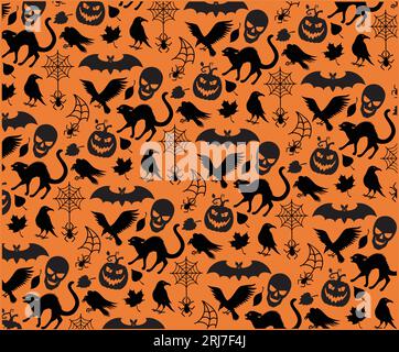 Nahtloses Muster für Halloween mit gruseligen Silhoetten auf orangem Hintergrund. Stock Vektor