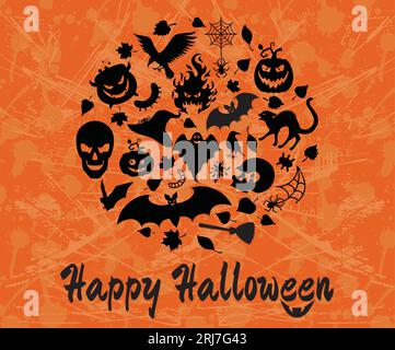 Halloween-Details mit dem Text in Form eines Kreises auf dem orangefarbenen Grunge-Hintergrund. Stock Vektor