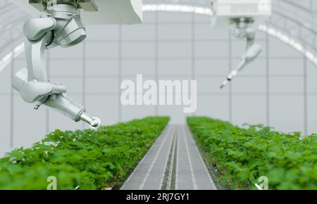 Bio-Bauernhof im Haus mit Arbeitsroboter, 3D-Illustration Rendering Stockfoto