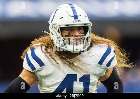 19. August 2023: Indianapolis Colts Linebacker Grant Stuard (41) während des Vorbereitungsspiels der NFL gegen die Chicago Bears in Indianapolis, Indiana. John Mersits/CSM. Stockfoto