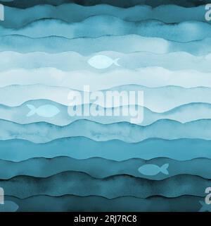 Abstrakter Aquarellhintergrund mit transparentem hellblauem türkisfarbenem Wellenmuster. Handbemalte Wellen und Fische in Aquarellfarben. Druck f Stockfoto