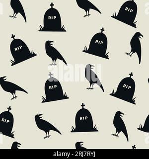 Grabsteine und Crows nahtloses Muster. Halloween-Attribute. Schwarze handgezeichnete Elemente auf grauem Hintergrund. Vektorillustration Stock Vektor