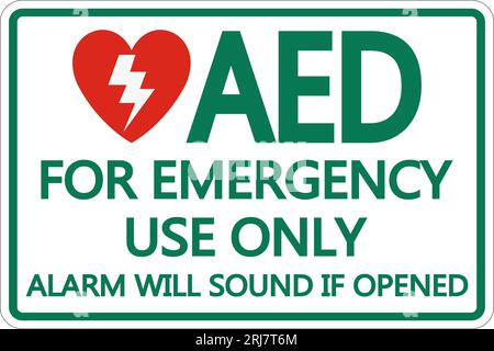 Selbstklebendes AED-Schild, Symbol auf weißem Hintergrund Stock Vektor