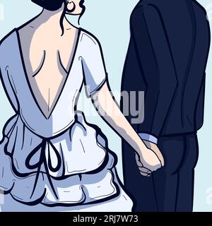 Braut und Besen tragen ein Hochzeitskleid und einen Anzug. Rückansicht eines Paares, das seine Liebe feiert. Romantisches Bild einer Zeremonie. Stock Vektor