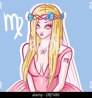 Anime-Cartoon eines blonden Mädchens mit blauen Augen und einer Schmetterlingskette. Konzeptionelle Kunst des Jungfrauenzeichens mit Blumen auf dem Haar und einer rosa Hochzeit Stock Vektor