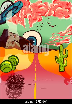 Trippige und psychedelische Vektorlandschaft mit Wüstenstraße und Bergen. Außerirdischer fiktiver Sonnenuntergang mit Kakteen und Büschen. Stock Vektor