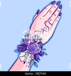 Die Hand eines Brautmannes mit einer blauen und violetten Blumencorsage am Handgelenk. Konzeptionelle Hochzeitskunst mit Blumen, Bändern, Blättern und Sommerbeeren Stock Vektor