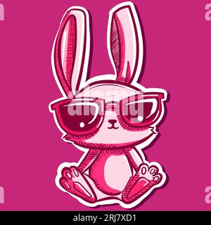 Digitale Kunst eines süßen, flauschigen Hasen mit Sonnenbrille, die sich hinsetzt. Vektor eines pinken Kaninchen-Zeichentrickaufklebers. Stock Vektor