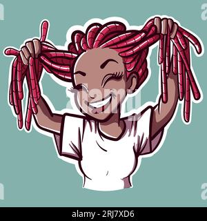 Digitale Kunst einer schwarzen Frau, die mit ihren Dreadlocks spielt und lächelt. Vektor eines glücklichen afrikanischen Mädchens, das ihre Dreads berührt. Stock Vektor