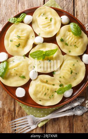 Hausgemachte italienische Knödel Pasta Cappellacci mit Mozzarella und Kräutern aus nächster Nähe auf einem Teller auf dem Tisch. Vertikale Draufsicht von oben Stockfoto