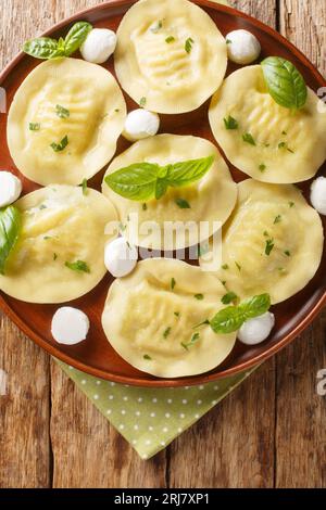 Italienische Pasta Cappellacci Mozzarella mit Basilikum-Nahaufnahme auf dem Teller auf dem Holztisch. Vertikale Draufsicht von oben Stockfoto