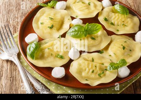 Cappellacci frisch gefüllte Pasta mit köstlichem Mozzarella und Basilikum auf dem Teller auf dem Holztisch. Horizontal Stockfoto