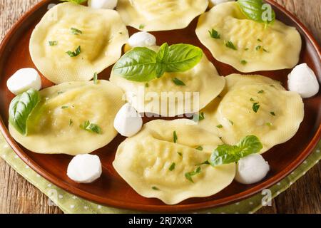 Leckere italienische Cappellacci-Knödel mit Mozzarella und Basilikum auf dem Teller auf dem Holztisch. Horizontal Stockfoto