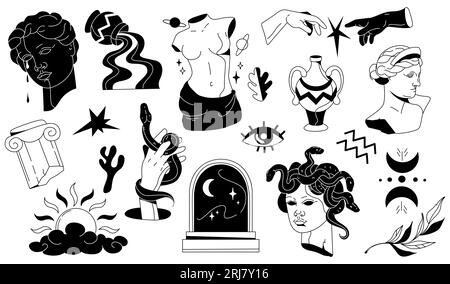 Antike griechische Statuen und Skulptur mystische Vektorset. Schwarze psychedelische Designobjekte auf weißem Hintergrund. Handgezeichnete futuristische Retro-Elemente. Griechenlands Köpfe, Gipsbüsten, Säulen und Vasen Stock Vektor