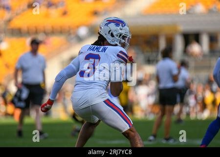 Pittsburgh, Pennsylvania, USA. August 2023. 19. August 2023 Buffalo Bills Safety Damar Hamlin (3) während des Vorspiels bei Pittsburgh Steelers vs Buffalo Bills in Pittsburgh, PA. Jake Mysliwczyk/AMG Media (Bild: © AMG/AMG über ZUMA Press Wire) NUR REDAKTIONELLE VERWENDUNG! Nicht für kommerzielle ZWECKE! Stockfoto