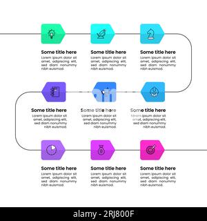 Infografikvorlage mit Symbolen und 9 Optionen oder Schritten. Pfeile. Kann für Workflow-Layout, Diagramm, Banner und Webdesign verwendet werden. Vektorillustration Stock Vektor