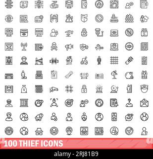 100 Dieb-Symbole eingestellt. Umrisszeichnung des Vektorsatzes von 100 Dieb-Symbolen auf weißem Hintergrund Stock Vektor