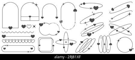Ästhetische Formen mit Sternen und Herzen. Minimale Vektorlinien mit Glitzereffekt. Abstrakte moderne geometrische Boho-Kollektion. Y2K Set Stock Vektor