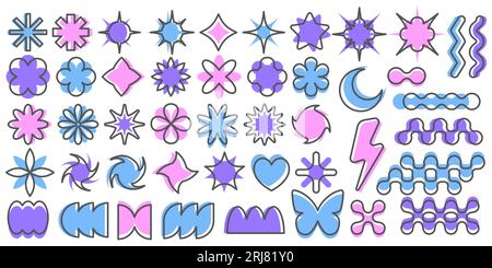 Abstrakte geometrische Elemente für die Konstruktion. Neobrutalismus-Grafikformen. Minimale groovy Y2K Retro-Aufkleber. Set von rückwirkenden Etiketten. Einfache Vektorblumen Stock Vektor