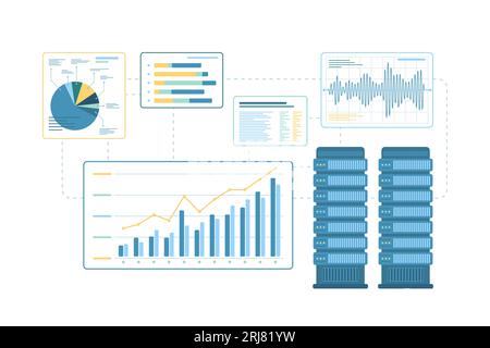 Datenrecherche, -Speicherung und -Überwachung mit Vektorillustration des Serversystems. Isolierte Infografik in Cartoon mit Hardware-Ausrüstung zum Hochladen und Stock Vektor