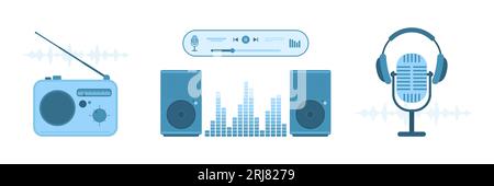 Vektorillustration für Audiogeräte. Mikrofon und Kopfhörer, Lautsprecher, Stereoanlage und Media Player-App, Radio-Receiver für die Aufnahme und Wiedergabe von Musik und Stimme Stock Vektor