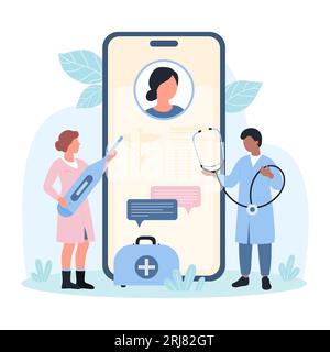 Online-Vektorillustration für Medizin. Karikatur winzige Menschen Mediziner mit elektronischem Thermometer, erste-Hilfe-Box und Stethoskop, virtuelle Kommunikation mit Arzt und Patient auf dem Bildschirm des Mobiltelefons Stock Vektor