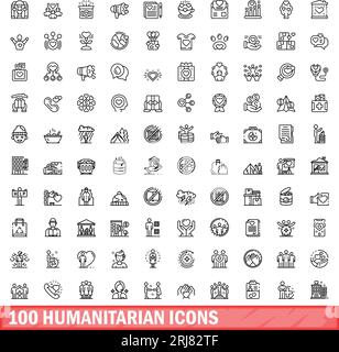 100 humanitäre Symbole. Umrissillustration des Vektors von 100 humanitären Symbolen, der auf weißem Hintergrund isoliert ist Stock Vektor