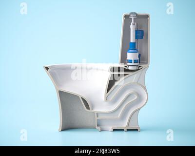 Querschnitt der Toilettenschüssel. Aufbau von Schüssel und Toilettenbehälter. 3D-Abbildung Stockfoto