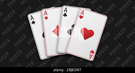 Fan von Handspielkarten. Vier Asse mit Herz-, Knüppel-, Diamanten- und Pik-Anzug. Vetor-Illustration. Poker- oder Casino-Konzept. Schwarz spielt t Stock Vektor