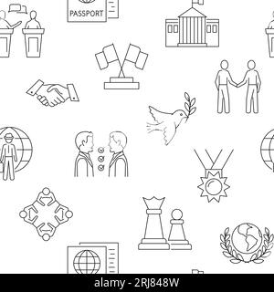 Nahtloses Diplomacy-Muster im Linienstil. Symbole für diplomatische Kommunikation und politische Beziehungen. Vektorillustration. Stock Vektor