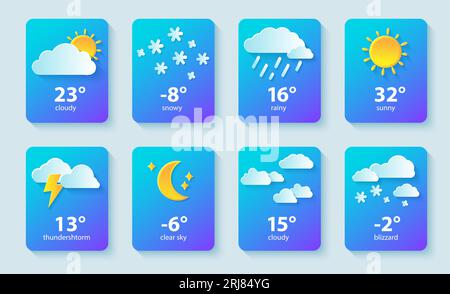 Wettersymbol einstellen. Symbol für die Website oder die benutzeroberfläche der mobilen App für die Wettervorhersage. Papierschnitt, Design. Vektorillustration. Stock Vektor
