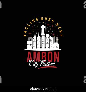 Ambon City of Music Skyline mit Logo-Design für das Gitarreninstrument für das Musikfest Stock Vektor