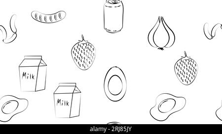 Schwarz-Weiß endlose nahtlose Muster von Speisen und Snacks Ikonen für das Restaurant Bar Café: Würstchen, Limonade, Würstchen, Ei, Knoblauch, Milch, Strohhalm Stock Vektor