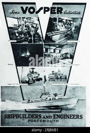 Eine Kriegsanzeige für Vospers, Shipbuilders and Engineers of Portsmouth United Kingdom aus dem Jahr 1945. Vospers begann in den 1870er Jahren mit der Reparatur und dem Umbau von Schiffen. Während des Zweiten Weltkriegs waren sie berühmt für kleine Hochgeschwindigkeitsschiffe, die von der britischen Marine und der Luftwaffe eingesetzt wurden. Vospers überlebt heute als Teil von BAE Systems Surface Ships. Stockfoto