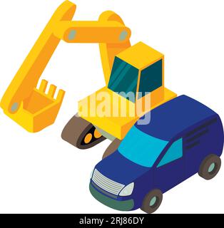 Isometrischer Vektor des Baustellensymbols. Raupenbagger in der Nähe des blauen Automobilsymbols. Baukonzept Stock Vektor