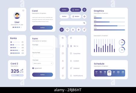 Lichtsammlung von Verlaufs-ui-ux-Elementen. Vorlage für Benutzerbereich des UX-Dashboards. Stock Vektor