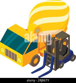 Isometrischer Vektor des Maschinensymbols. Betonmischer und Automatenlader. Bau- und Lagereinrichtungen Stock Vektor