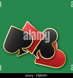 Herzen, Diamanten, Schläger und Pik-Chips sind Symbole. Glänzendes Spielkartensymbol mit goldenem Rand. Vektor-Illustration-Chips. Grüner Hintergrund Stock Vektor
