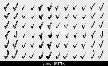 Pinsel Hand gezeichnet gemalte Häkchen Set Sammlung. Ansammlung von Handgewürfelten mit Häkchen. Bleistift schwarz Kritzelskizzen isoliert auf Transparent Stock Vektor