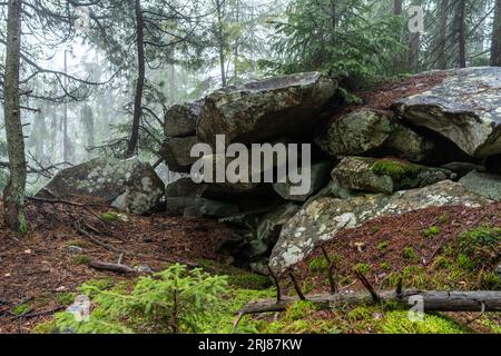 Kleine Steinhöhle im Wald. Gemütliches Hotel unter den Felsen. Unterschlupf aus Steinen im Wald. Vorderansicht. Stockfoto