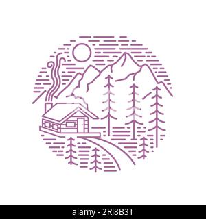 Einfaches Cabin House im Wald mit Blick auf die Berge, lineare Illustration Stock Vektor