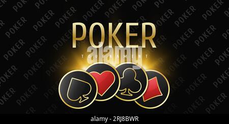 Pokermeisterschaft-Turnier-Banner. Poker-Logo mit Anzug-Chips. Schläger, Diamanten, Pik, Herzen auf schwarzem Hintergrund. Vektorillustration. Stock Vektor