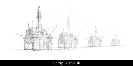 Ölbohrgeräte. Abstrakte 3D-schwimmende Plattformen isoliert auf blau. Gasplattform, Offshore-Bohrungen, Raffinerieanlagen, Erdölindustrie Stock Vektor
